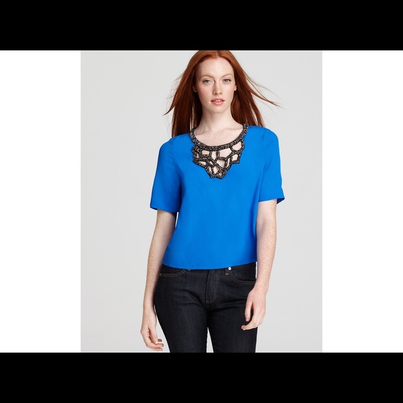 Plenty by Tracy Reese Anthropologie Blue Black Silver Beaded Top Blouse Medium - Picture 1 of 11